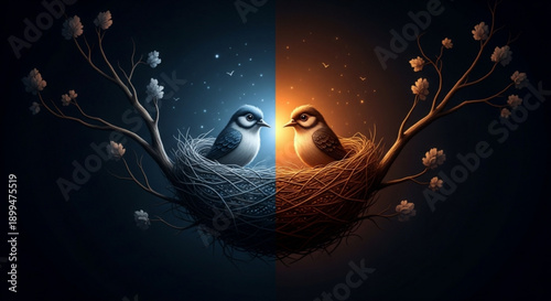 Two birds in a nest on a flowering tree branch day and night contrast concept with yin and yang symbol
