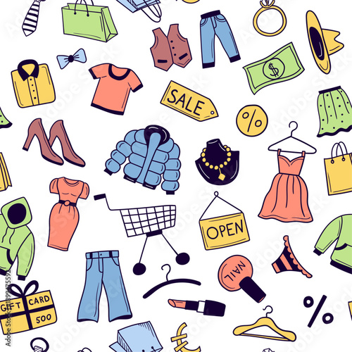 Shopping. seamless pattern with marketing items doodle pictures of clothes