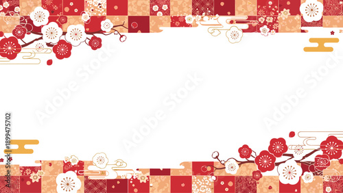 Festive border design with red and white plum blossoms over a traditional red checkered pattern and gold clouds.