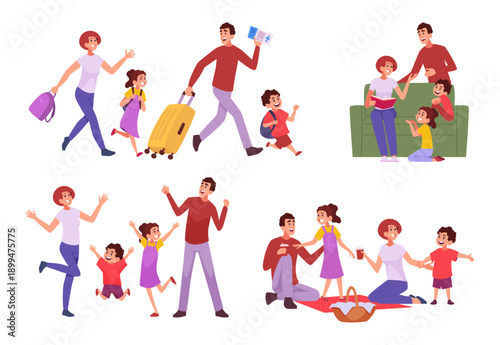 Family. Happy parents and kids sister and brother playing together exact vector cartoon set