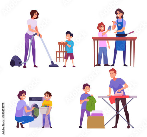 Kids house work. Little homework routine in family kids helping parents exact vector cartoon illustrations