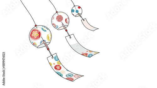 Three traditional japanese glass wind chimes or furin with colorful floral patterns hanging against a white background.