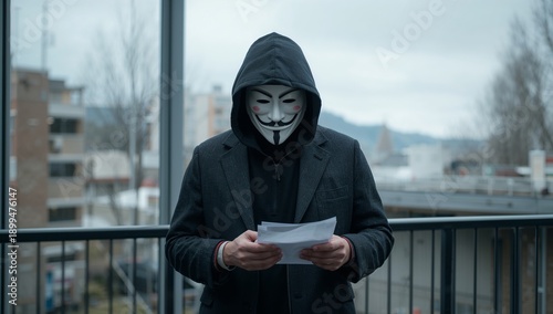 Masked Person Reading Documents in a Dimly Lit Room at Night