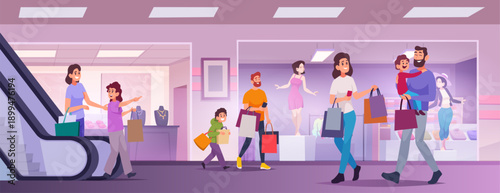 Kids shopping. Little children helping parents in grocery market exact vector cartoon background