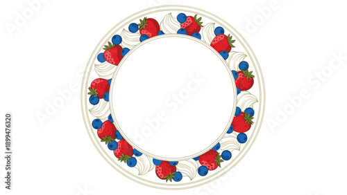 Delicious strawberry and blueberry wreath with swirls of white whipped cream forming a circular frame for food menus or advertisements.