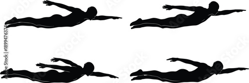 Flying silhouette illustration of dynamic human figures, superhero or swimmer inspired motion poses, black and white vector artwork, action themed design