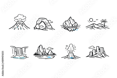 Collection of stylized natural landscape icons, including volcanoes, mountains, and waterfalls