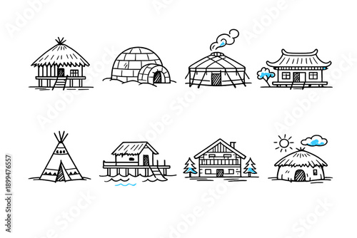 Collection of diverse traditional dwelling icons in a simple line art style