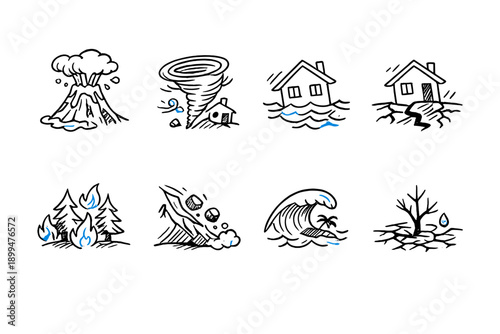 Collection of hand-drawn icons representing natural disasters and their impact