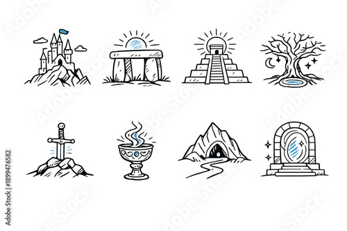 Collection of fantasy and mythical location icons with a simple line art style