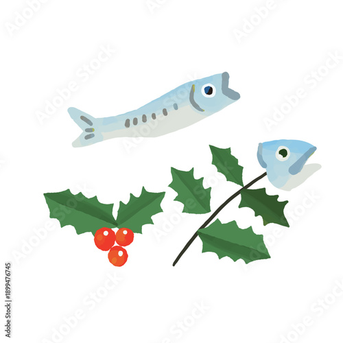 かわいい節分の手描きのいわしと柊の飾りのイラスト