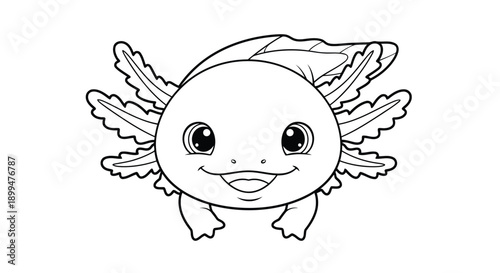 Smiling axolotl cartoon character, black and white line art, for coloring book or illustration isolated on White Background