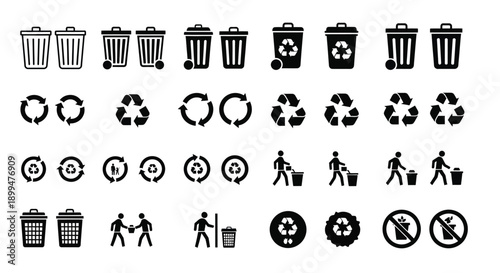 Collection of black recycling and waste disposal symbols on a white background