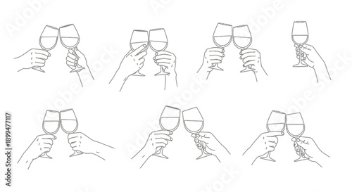 Line art illustration depicting hands holding wine glasses in a toast