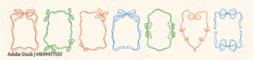 Retro coquette frames set. Card border designs with whimsical doodle ribbon b...