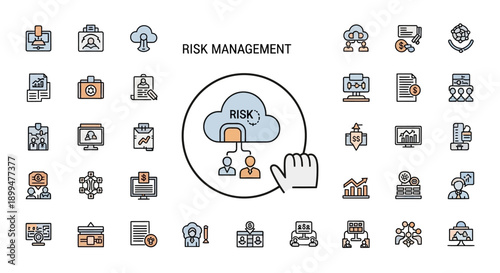 Risk Management Cloud Computing Icons Set - Business Strategy and Security Concepts