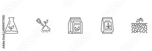 Gardening plant icon set, fertilizer bag, seedling trowel, soil beaker illustration.