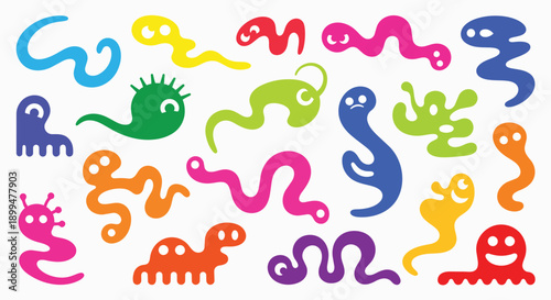 Colorful funny cartoon microbe characters different shapes expressions germs bacteria virus amoeba biology kids medical educational