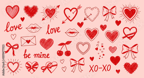 Hand-Drawn Valentine’s Day Doodle Pattern with Hearts, Lips, and Cherries