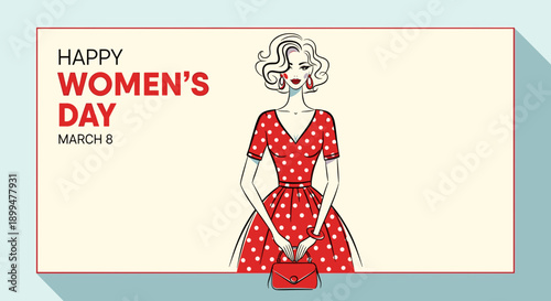 Elegant Retro Woman in Red Polka Dot Dress – Women’s Day Illustration
