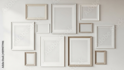 Composition of multiple blank white and beige photo frames of different sizes hanging on gallery wall