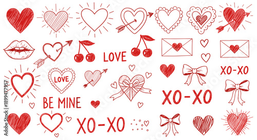 Red Valentine’s Day Doodle Set with Hearts, Arrows, and Love Icons