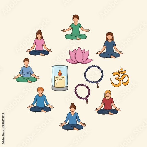 People meditating in yoga poses.