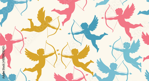 Whimsical Cupid silhouettes flying with bows and arrows pattern love romance valentine cherub angels seamless background