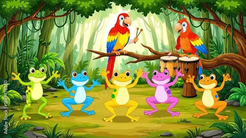 Jungle Party Frogs and Parrots Dancing and Playing Music.