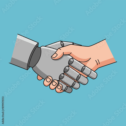 Robot and human hand in handshake.