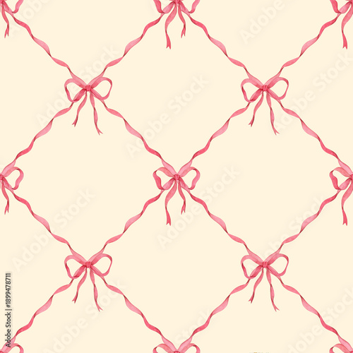 Photos Watercolor seamless pattern with pink bows, ribbons forming rhombus on beige background