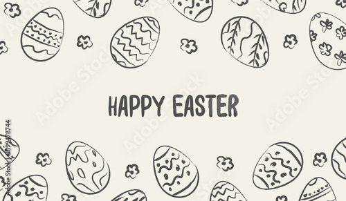 Hand drawn whimsical Easter banner with doodle egg border and flowers. Naive sketch style spring greeting card with imperfect ink texture and playful lettering for seasonal design. Vector illustration