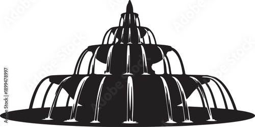 Solid Black Fountain of Youth Silhouette with Flowing Water. Vector black silhouette. with white background