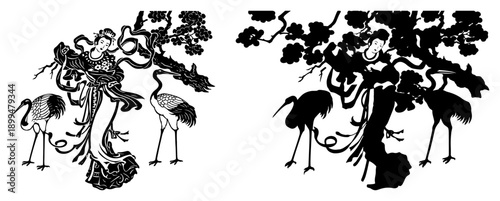 Traditional East Asian woman with cranes and flowering trees in line art and solid silhouette styles