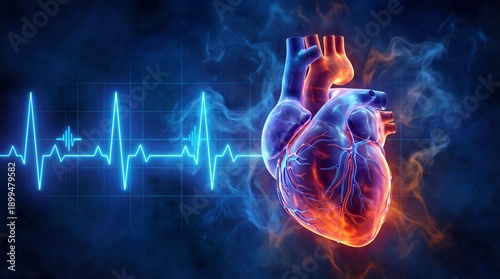 Human heart illustration with glowing red and blue details surrounded by smoke and a heartbeat graph on a dark blue background representing medical and health concepts effectively