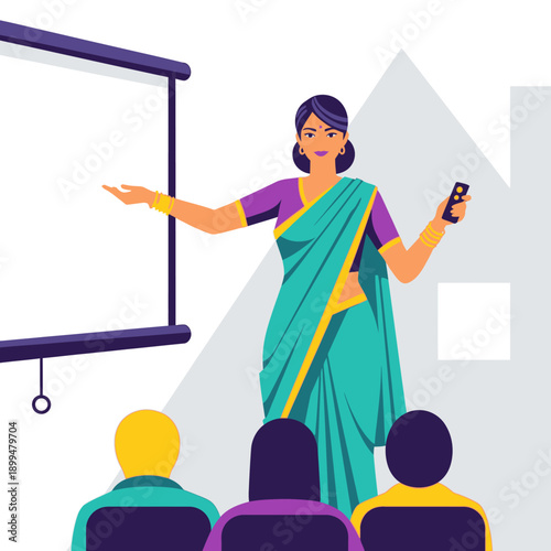 Woman in sari presenting to audience.