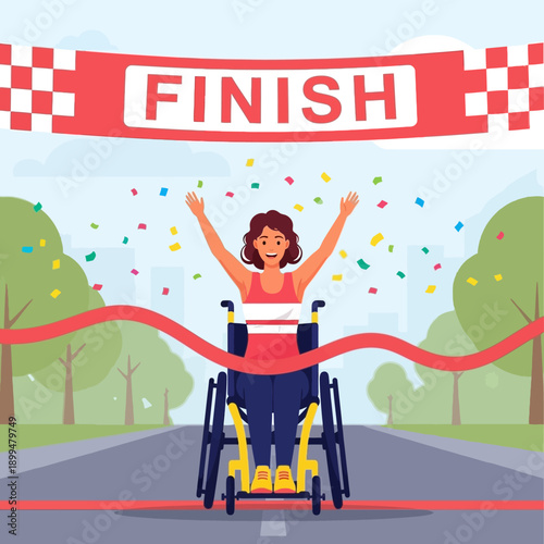 Woman in wheelchair crossing finish line.