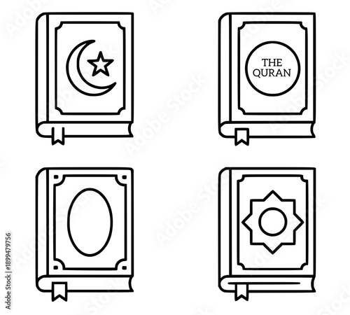 Islamic icons for Ramadan or Eid al-Fitr, set of 4 vector illustrations of the Koran (Quran) with outline design style