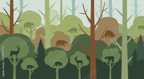 Minimalist graphic forest scene with hidden deer bears illustration nature wildlife trees woodland ecosystem calm environment