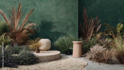 Modern Plant Arrangement in a Green Space With Various Textures and Shapes
