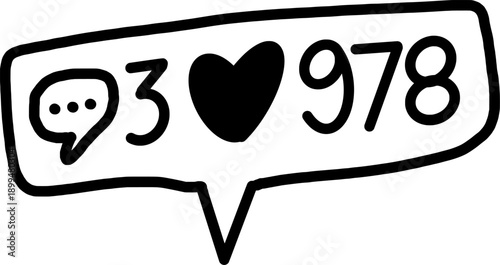 Social Media Engagement Notification Bubble With Like And Comment Icons. Hand Drawn Illustration Of Social Media Engagement. Sketch Of Interface Notification Bubble For Likes And Comments
