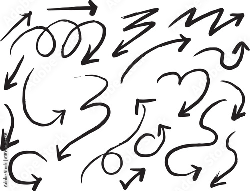 Black pencil hand drawn various oval, chalked arrows, check marks. Vector doodle marker drawing. Hand drawn charcoal symbols for diagrams. Freehand grunge red strikethrough and underline elements