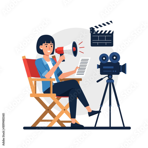 Woman sitting with film making equipment.