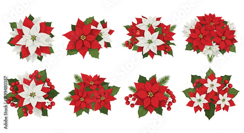 Festive poinsettia arrangements with holly and pine accents for holiday decor