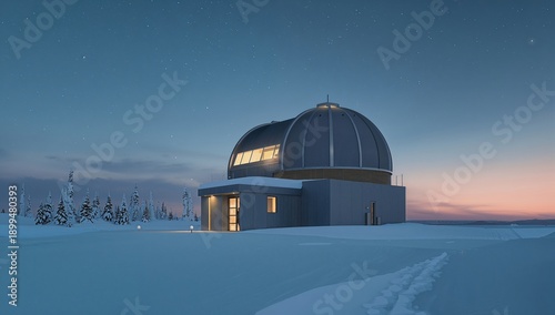 Observatory on Mountain Top During Twilight With Snow on the Ground and Dista...