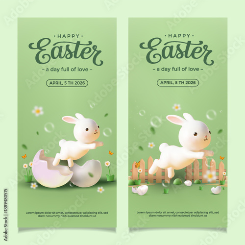 Happy Easter Cute 3D Bunny Vertical Banners for Social Media Stories