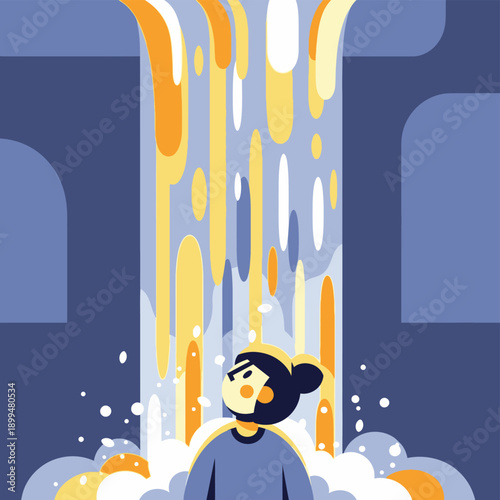 Woman standing under falling liquid.