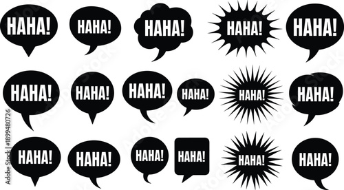 Funny comic speech bubbles set, haha text expressions, laughter symbols collection, black humor dialogue balloons vector illustration