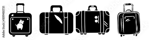 Set of four modern travel suitcases isolated on white background for business and vacation packing