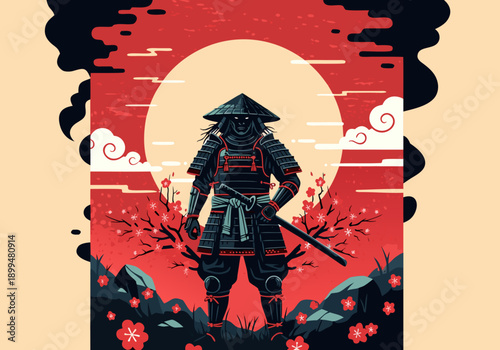 Samurai warrior in traditional armor, a vector illustration against a vibrant sunset with cherry blossoms